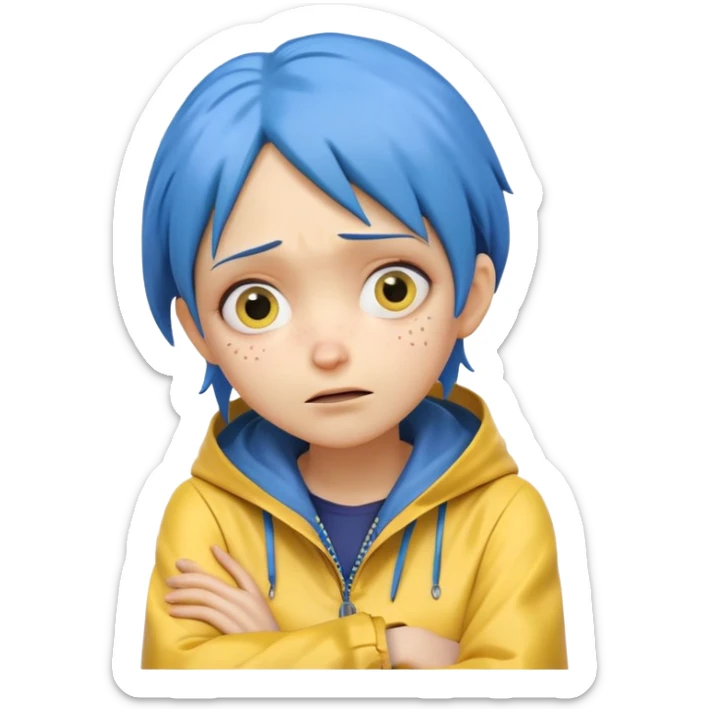 Emoji-style Coraline with blue hair, yellow raincoat, arms crossed over neck, dramatic crying face, eyes looking up sticker
