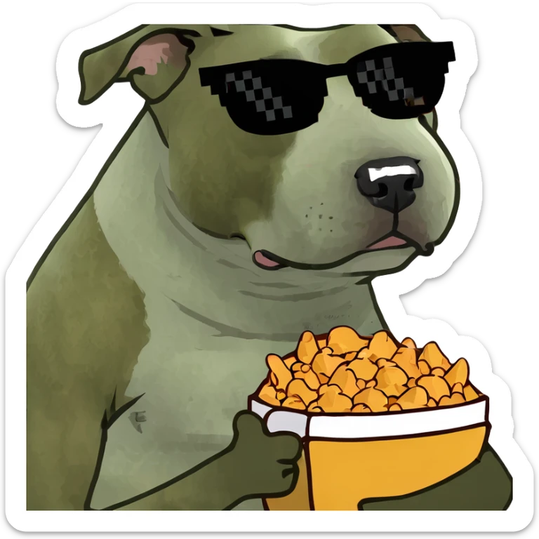 American bulldog white with sunglasses and a left brown spot on eye holding food sticker