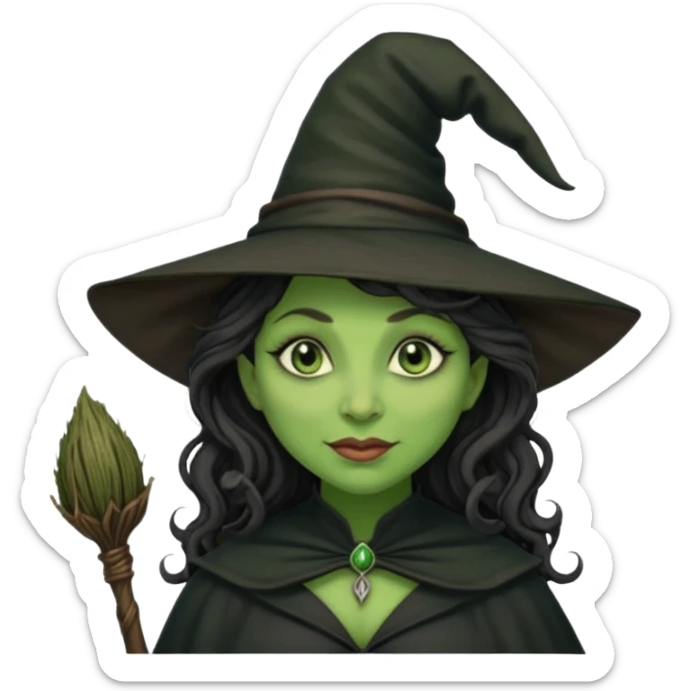 elphaba the wicked witch from wicked movie (cynthia erivo) dark long curly hair, thick lips, wide nose, green skins, witch hat, witch broom, evil, wicked musical film, smirk sticker