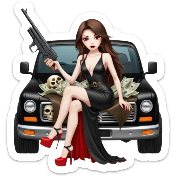 Lilith symbol red eye seductress evil long brown haired sexy succubus woman with leather long dress with slit on, sitting in Big Large F350 pickup truck. Platform long high heels on feet. Back seat full of stacks of cash, she is  Holding a man dead human skull of her enemies and a gun in other hand sticker