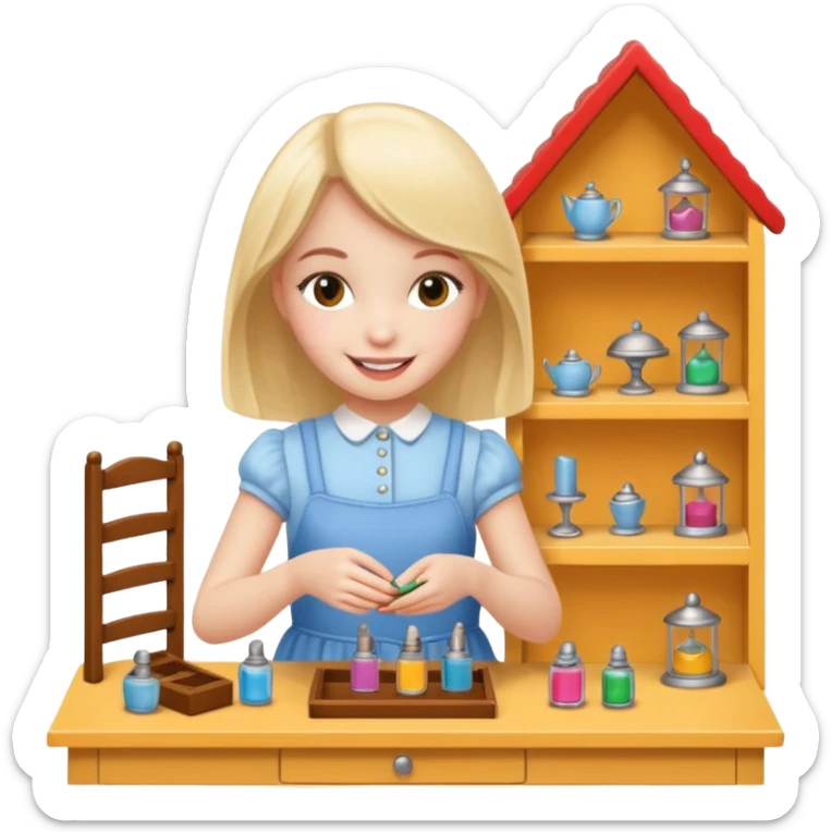 smiling girl arranging furniture in doll house sticker