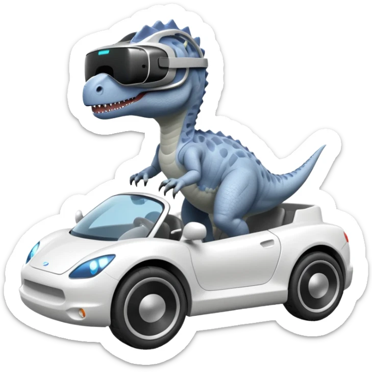 Dinosaurio  gris subido en un carro blanco tecnológico con lentes de realidad virtual sticker