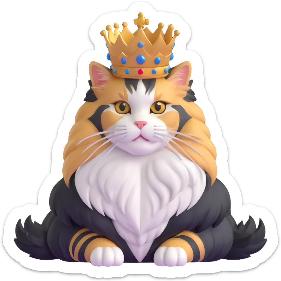 majestic calico maine coon cat with fluffy mane wearing a royal crown sticker