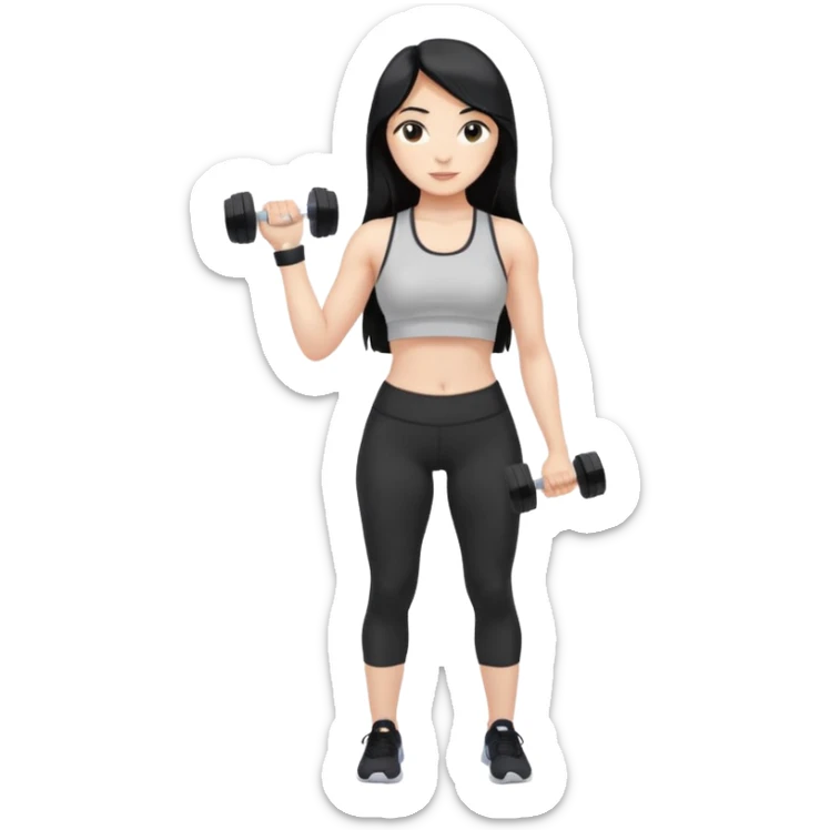Long black hair girl with gym aesthetic, leggings with fitted shirt, with water bottle and dumble  sticker