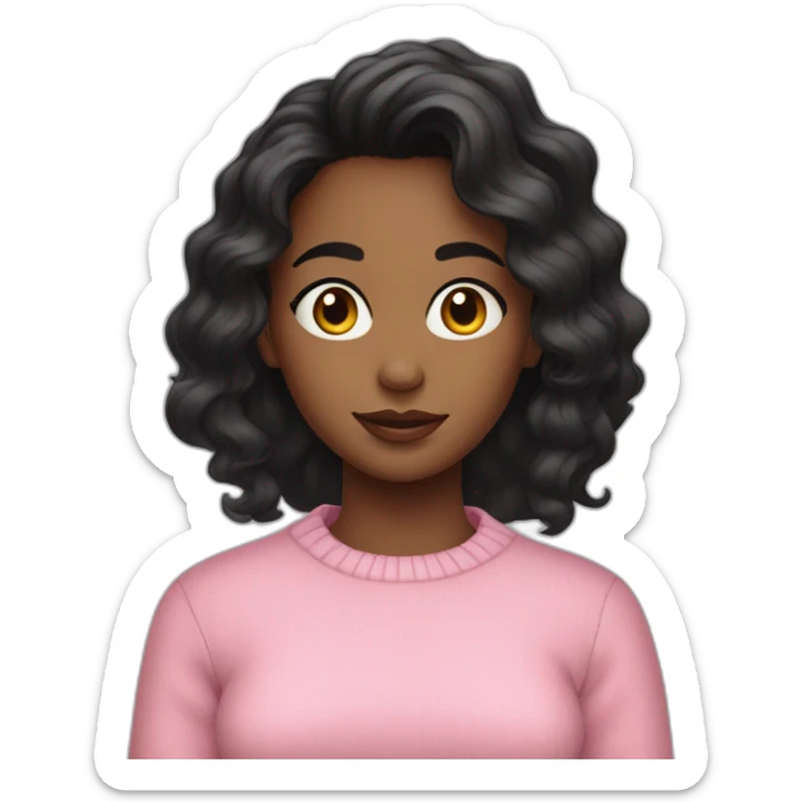 A girl with black meduim wavy hair wearing pink sweater  sticker