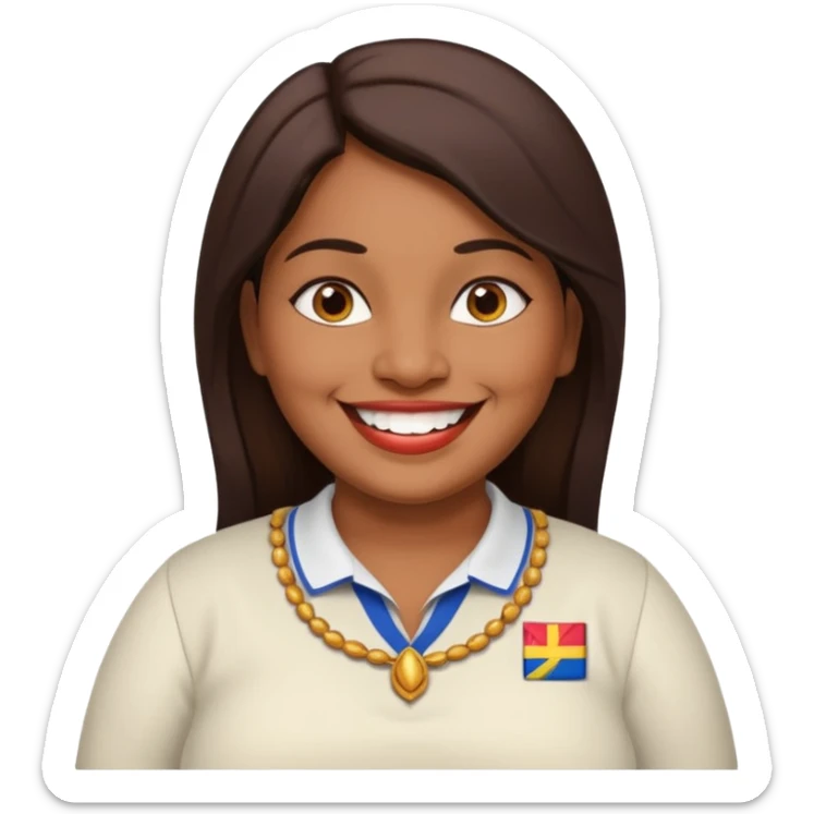 40 yr old chubby Sri Lankan woman, dark skin, straight brown hair, big smile, white teeth, european clothes sticker