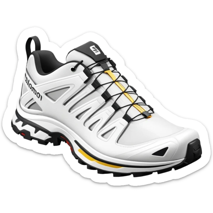Super simplified pair of white Salomon XT-6 shoes, flat design iOS emoji style, minimal approach with only the most essential details, one positioned behind the other sticker