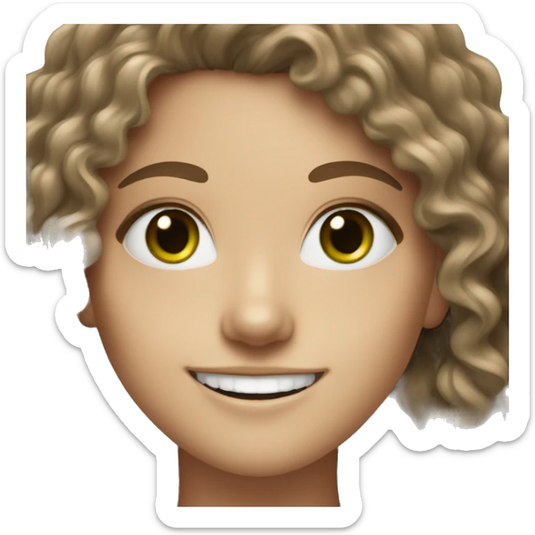 A white girl with Brown hair with green eyes curly hair and big smile  sticker