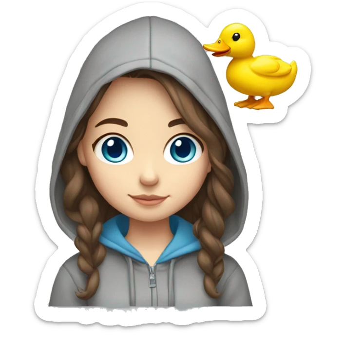 cute girl with brown hair, blue eyes grey hoodie, and a ducky hair clip sticker