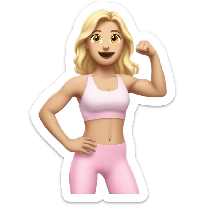 Woman, white skin, pale skin, long hair, blonde hair, wavy hair, baby pink sports bra, baby pink leggings, flexing one arm up sticker