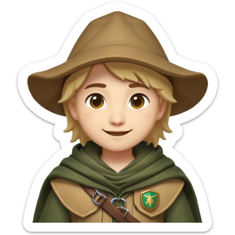 Clash of Clans aesthetic Playful Ranger Portrait Emoji, Head tilted with a friendly, mischievous smile and bright, curious eyes, featuring a compact, nimble build outfitted in rugged, earthy gear and a stylish cloak, his natural skin tone adding authenticity, Simplified yet irresistibly charming features, highly detailed, glowing with a warm, inviting forest glow, high shine, spirited and lively, stylized with an air of whimsical woodland adventure, soft glowing outline, capturing the essence of a playful ranger exuding friendly natural charm! sticker