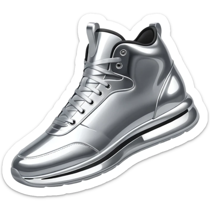 A pair of futuristic sneakers emoji made of silver chrome, sleek streetwear design, smooth metallic panels, subtle reflections, luxury swag aesthetic, iOS emoji style, centered, clean white background sticker