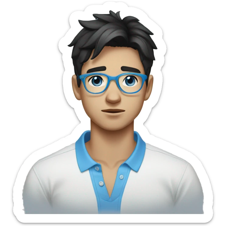 young man crying, 20 years old, with black hair, blue eyes and light blue round glasses, white polo shirt with blue collar sticker