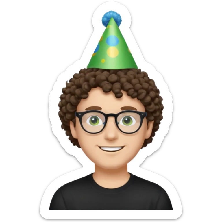 A white guy with curly brown hair and green eyes with a happy face, and wear square black glasses.He’s also got a full silver birthday party hat on his head with blue pom poms on top of it, and his T-shirt is all black, he wears a little gold circle earrings on his left  sticker