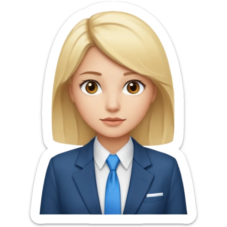 une femme blonde jolie avec des jolies traits avec une chemise blanche et une veste a manche longues et cravate bleu elle a les yeux marron sticker