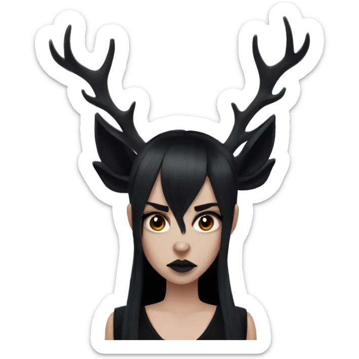 Portrait. Goth, deer girl. Wearing a black sleeveless dress with a choker. She has White antlers and deer ears. Long Black hair. She looks angry sticker