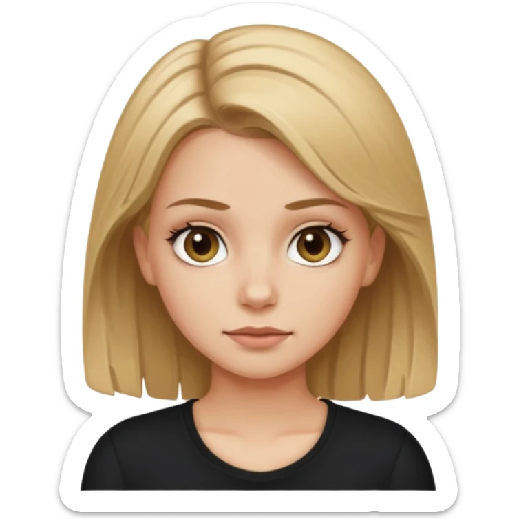 white girl with dirty blond hair, hazel eyes, black top, cartoon style sticker