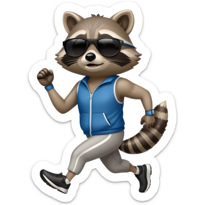 friendly anthropomorphised raccoon in sports wear, wearing dark sunglasses, jogging upright, mafia style sticker