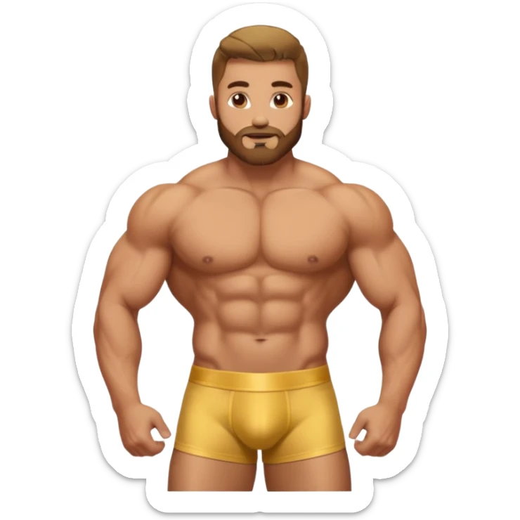 Gold statue of bodybuilder man, stubble beard, low fade haircut, shirtless wear golden brief box underpants sticker