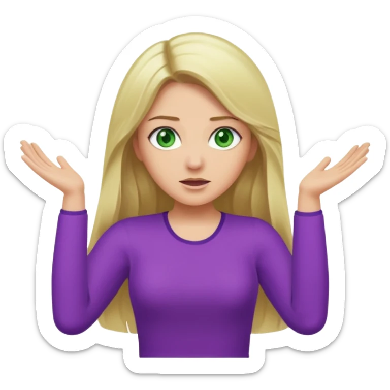 lady with long blonde hair, green eyes and purple top throwing arms in the as if confused sticker