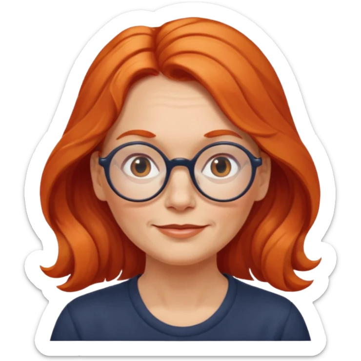 middle-aged woman from Norway, long wavy orange-red hair tied loosely to the left, large round glasses, gentle expression sticker