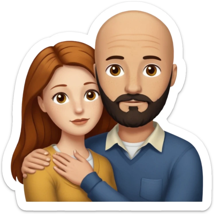 Couple. Bald man with dark brown-black beard. White woman with many small, faded freckles, she has white skin and she has auburn-yellow-brown-cinnamon, dark long hair. She has light brown eyes. The man have hazel eyes. Retro style. They hug. sticker