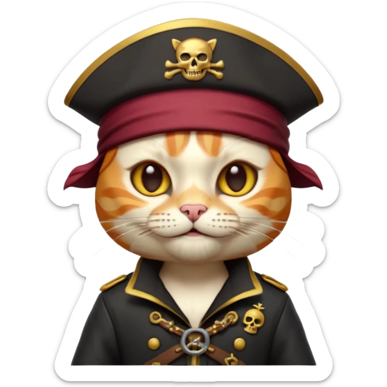 Premium 3D emoji icon of a cute ginger cat pirate, wearing a **burgundy red** pirate hat with a gold skull icon, and a black and gold captain's jacket. Glossy finish, claymorphism style, soft studio lighting, isolated on white background, 8k resolution, stylized professional look --v 6.0 sticker