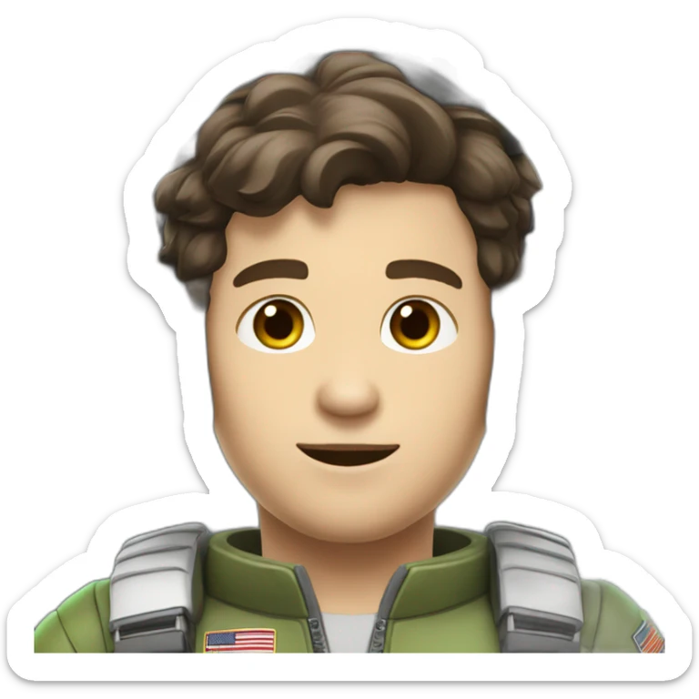 A young white man with dark brown hair and brown eyes in a pilot suit and wearing a green Pilot headset sticker