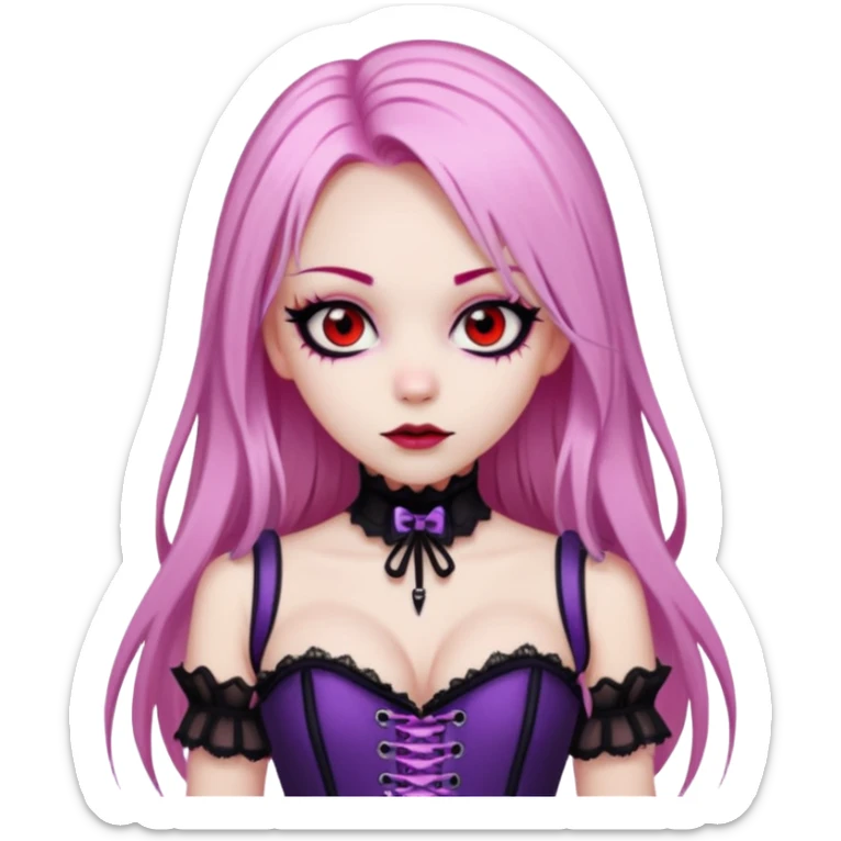 pretty scary girl, long straight LIGHT pink HAIR,SCARY RED eyes, black eyeliner, pale skin, purple corset clothes with laces sticker