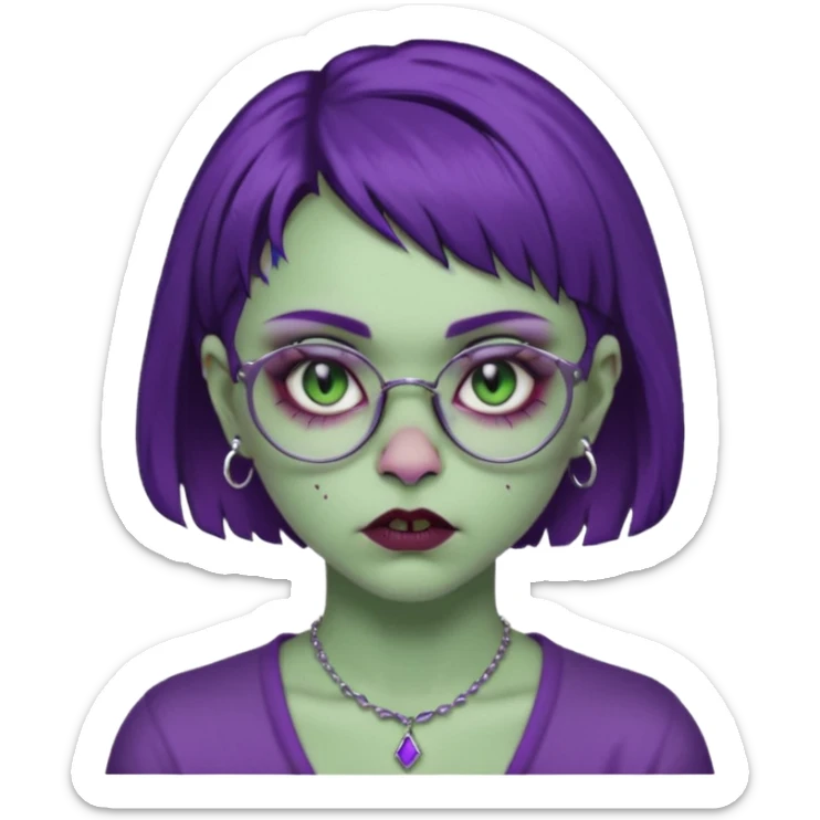 Una mujer zombie con perforacion en la nariz y perforación Madonna, lentes tipo ojo de gato, fleco pequeño y cabello largo morado oscuro  sticker