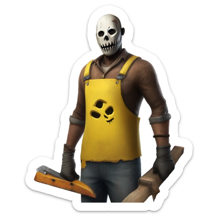 Dead by daylight cannibale beside a chest waiting with His chainsaw in His yellow Rubber apron sticker