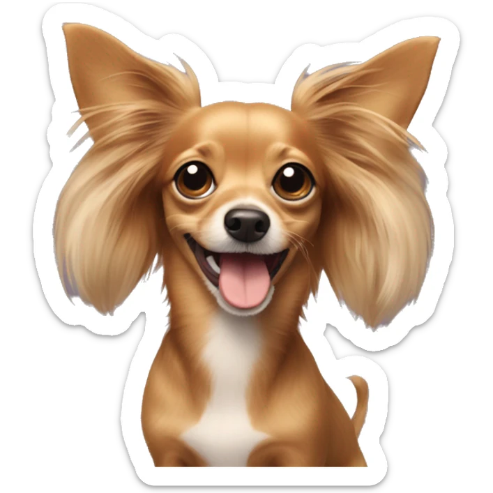 A dog that is a dachshund and long haired chihuahua mix winking with a little heart sticker