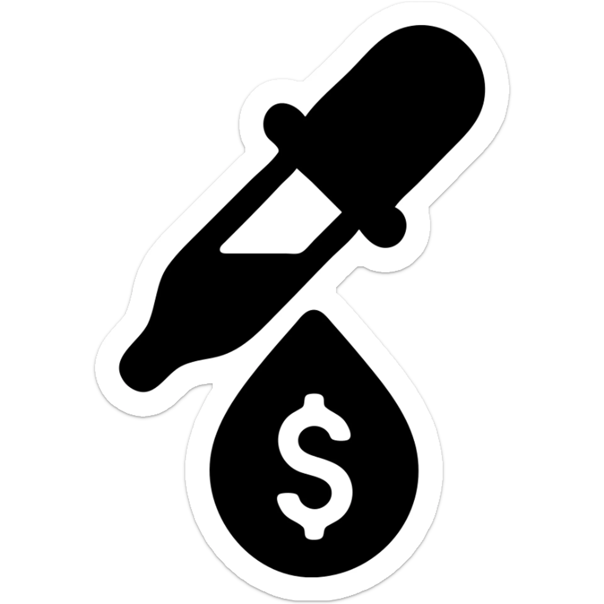 solid icon of a pipette at the top of a golden drop with a dollar sign inside the drop sticker
