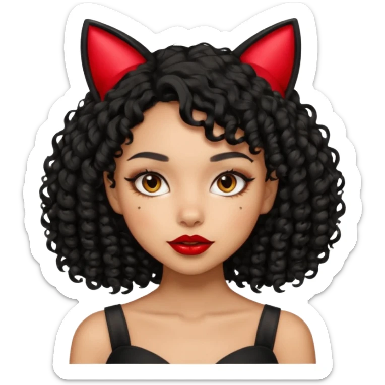 lightskin girl with black curly hair, red lipstick, black cat ears sticker