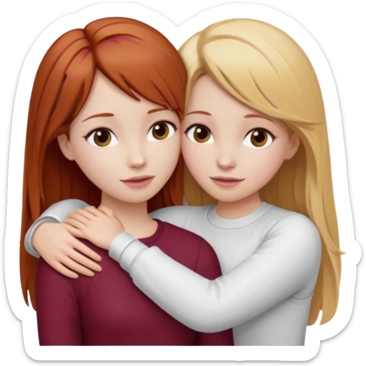 two girls who hug eachother. one has auburn hair with blonde highlights and very pale skin and is wearing white outfit, other has medium-fair skin and blonde hair and is wearing a burgundy outfit sticker