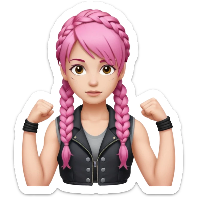 Woman with braided pink hair with an asymmetrical bang, wearing a sleeveless vest and flexing sticker