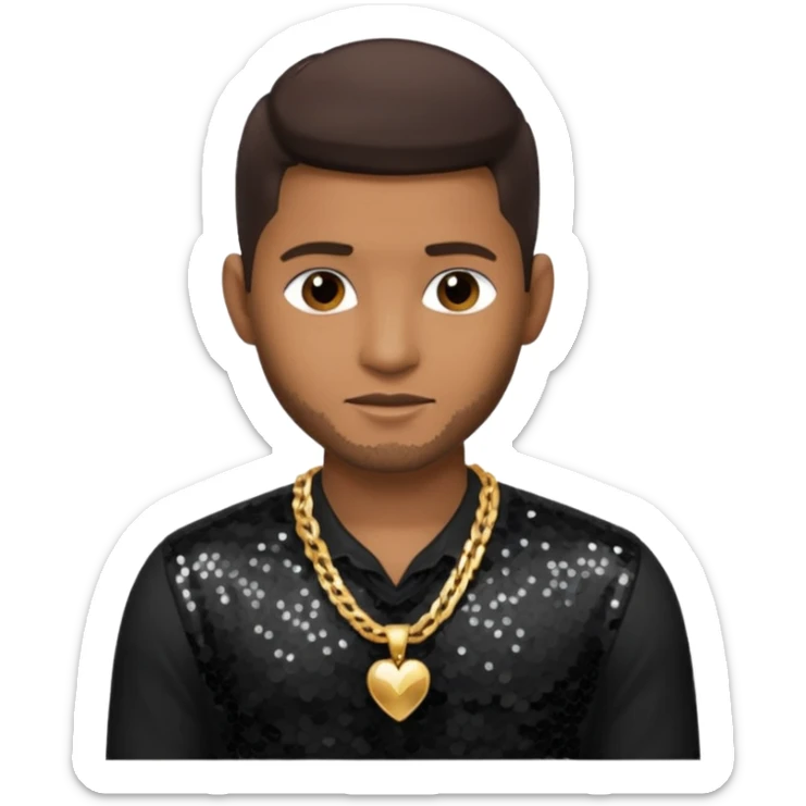 Usher with dark brown hair, black sequin dress shirt with necklace and chest out sticker