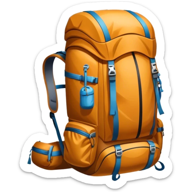 Icon for Mountain Tourism and Climbing: a mountain peak in the background, climbing gear and backpack. The icon should capture the adventure and challenge of alpine exploration. Transparent background. sticker