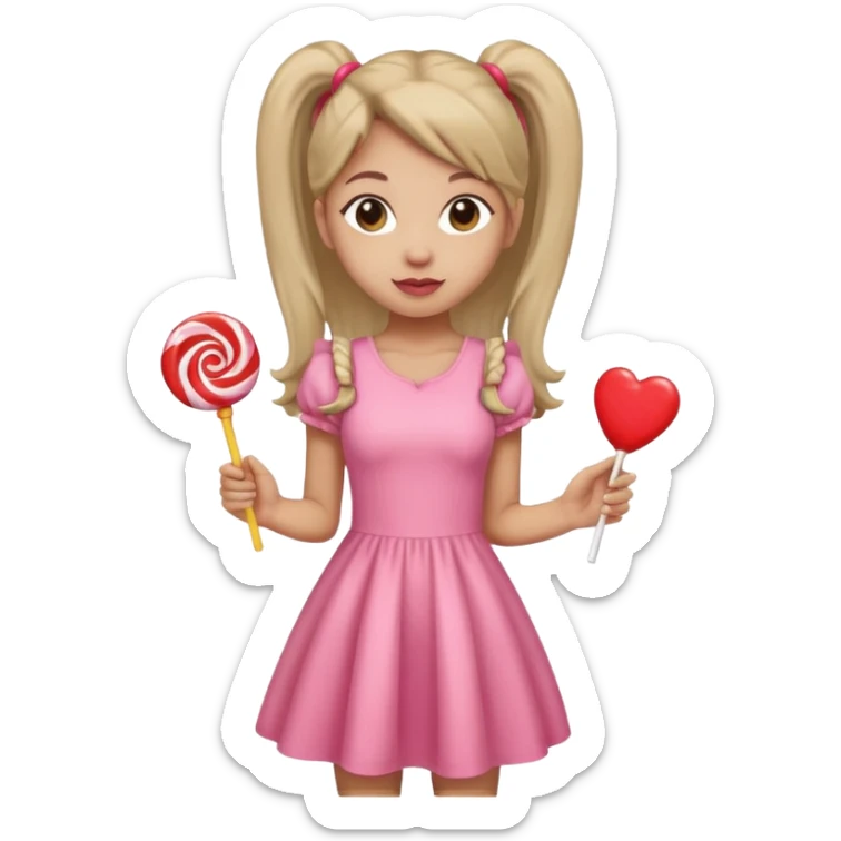 Girl with long dark ponytails wearing light pink body dress holding a lollipop sticker