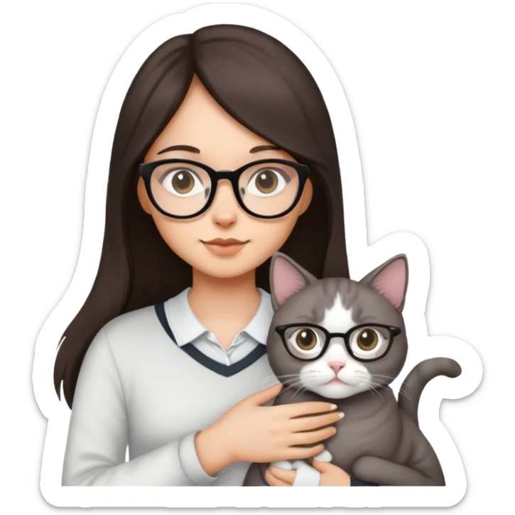 a girl with glasses, long dark brown hair, light skin, with one grey cat and one white cat sticker