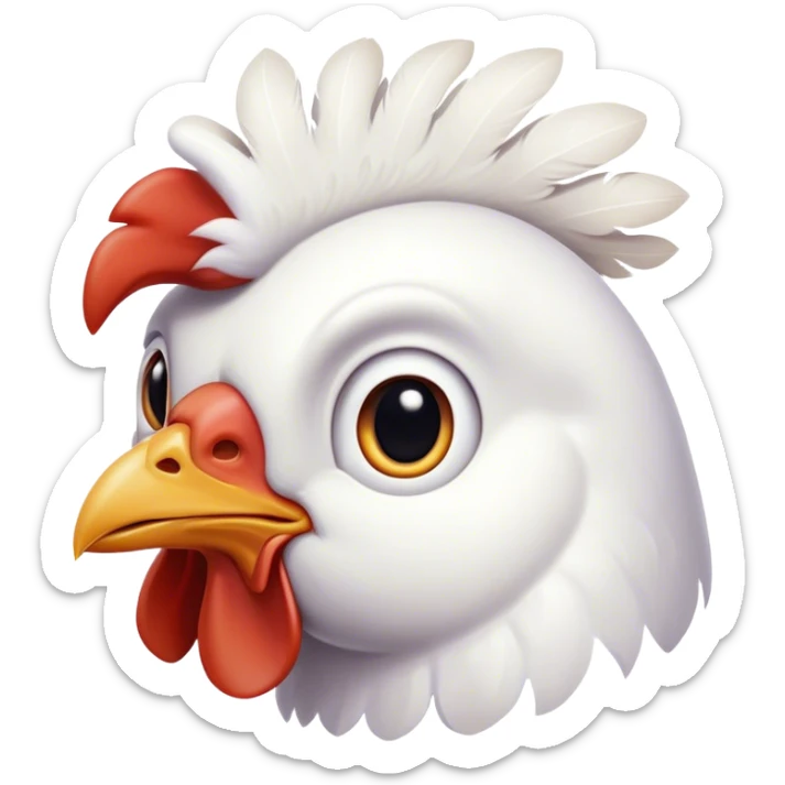 Cinematic Noble White Chicken Portrait Emoji, Poised and regal, with a compact, sturdy build and a pristine, well-groomed pure white plumage, deep-set soulful beady eyes, Simplified yet sharp and sophisticated features, highly detailed, glowing with a soft, dignified glow, high shine, intelligent and alert, stylized with an air of barnyard elegance, focused and attentive, soft glowing outline, capturing the essence of a watchful and confident fowl, so majestic it feels as though it could strut out of the screen with effortless authority! sticker