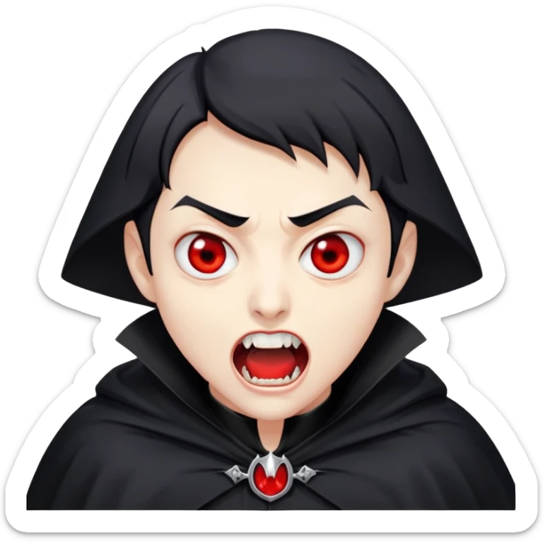 Nam 50 tuổi, mắt đỏ, da trắng, tóc ngắn màu đen,mồm mở rộng, có răng nanh, mặt hơi đáng sợ như ma cà rồng, áo măng tô cổ cao màu đen, nửa thân trên sticker