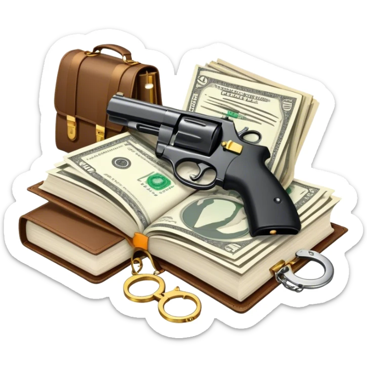 Icon for Action & Crime Reading: open book, with a silhouette of a gun, a bag of money, and a police badge on the pages. Surrounding elements include a pair of handcuffs, a briefcase, and scattered bullet casings. Transparent background. sticker
