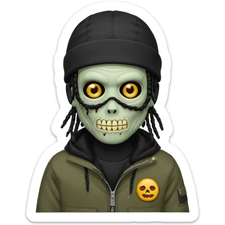 a zombie emoji with black dreads and a black carheartt jacket and black nike ski mask on his head sticker