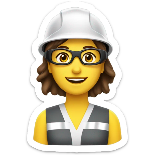 Caucasian woman with brown hair wearing a safety helmet, yellow safety vest, safety glasses and earplugs sticker