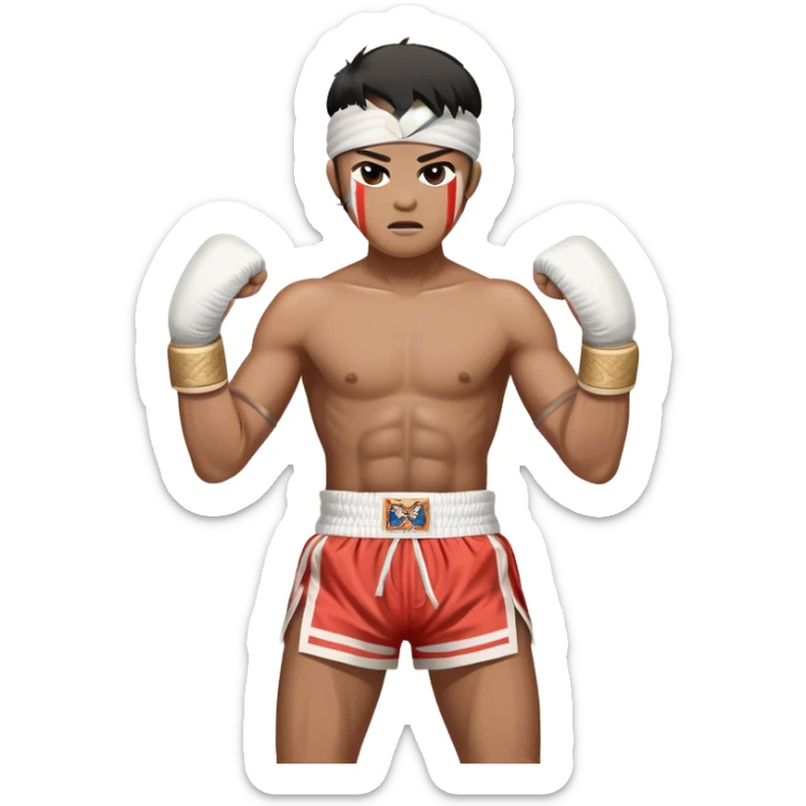 ​Cinematic Realistic Traditional Muay Thai Fighter such as Buakaw Banchamek, depicted in authentic attire featuring white bandaged gloves wrapped around his fists, a traditional headband tied neatly, and classic Muay Thai shorts, captured in a dynamic fighting stance under dramatic, high-energy lighting that highlights the raw power and elegance of the art, sticker