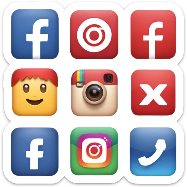 Socail media sauare emoji style icons 
Creat the quadrant with the logos of F.B, X, Trustpilot, Instagram, Youtube, Linkedineach icon is ther only ones, asme size, only icons of the social media that I mentioned only 6 icons sticker