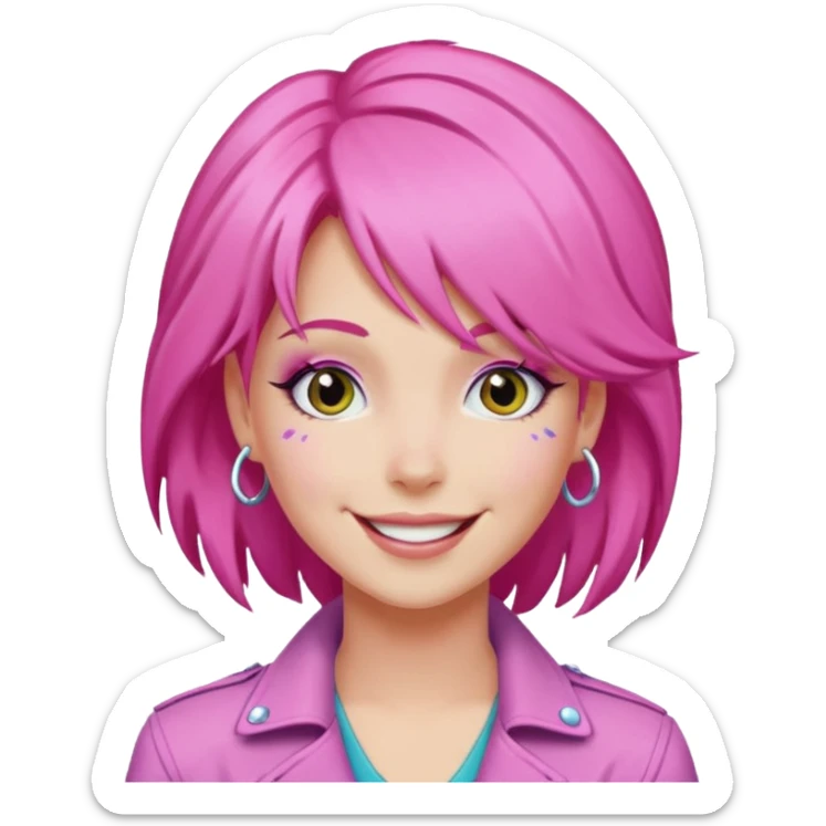 simple emoji of Jem from Jem and the Holograms, classic pink hair, smiling face sticker