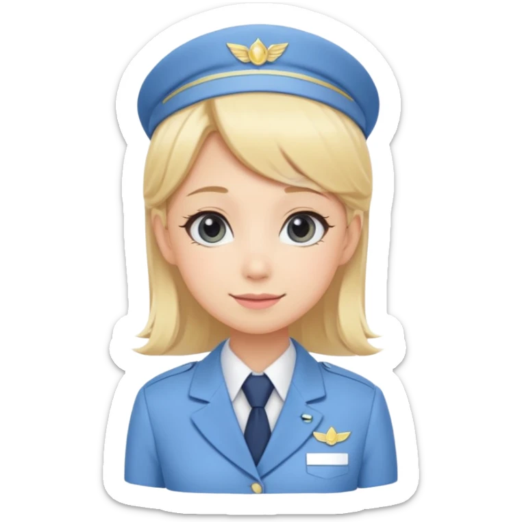 Cute emoji-style Japanese flight attendant, blonde hair, pastel blue airline uniform, kawaii cartoon style, big eyes, simple clean lineart, pastel colors, chibi proportions, friendly smile, sticker/emoji, transparent background sticker