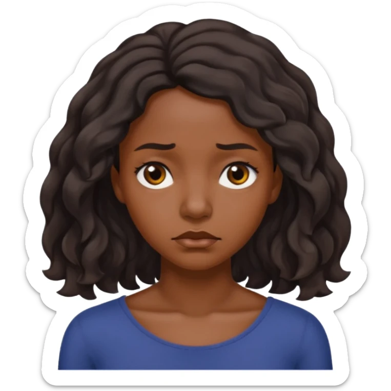 Sad face dark brown skin color black women wavy hair shoulder length small eyes sticker